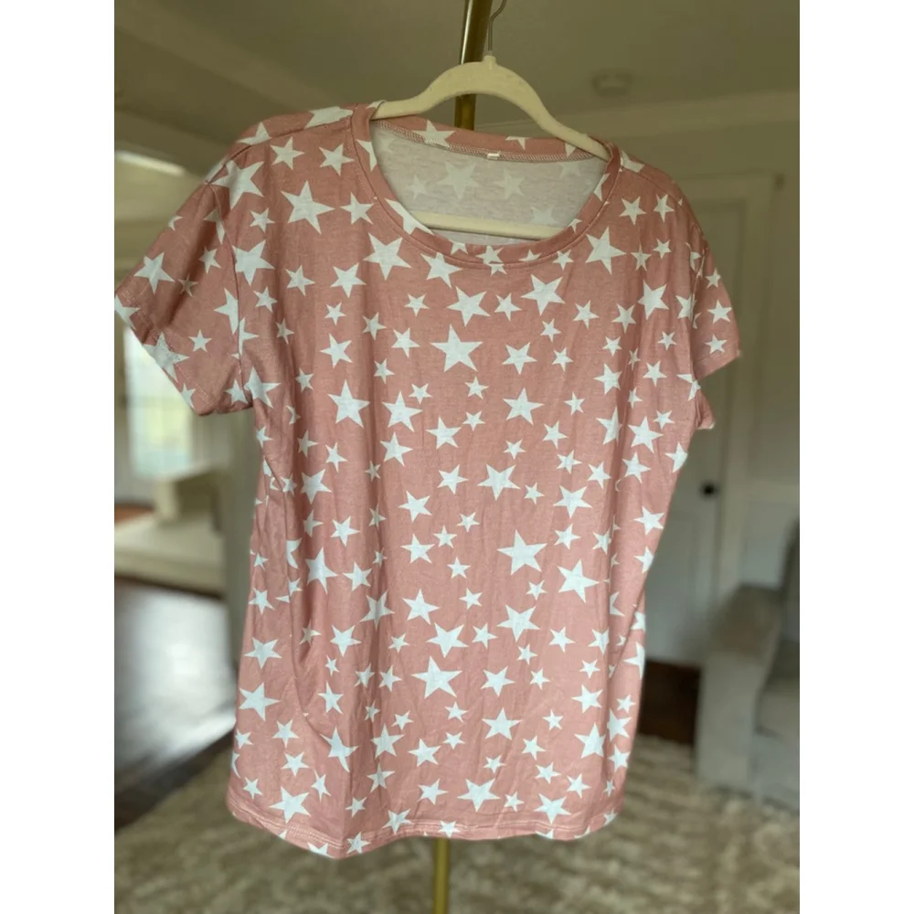 Pink Star Print Short Sleeve Tee L Comfy Casual Lounge Soft Girl Relaxed Basic L - Picture 2 of 5